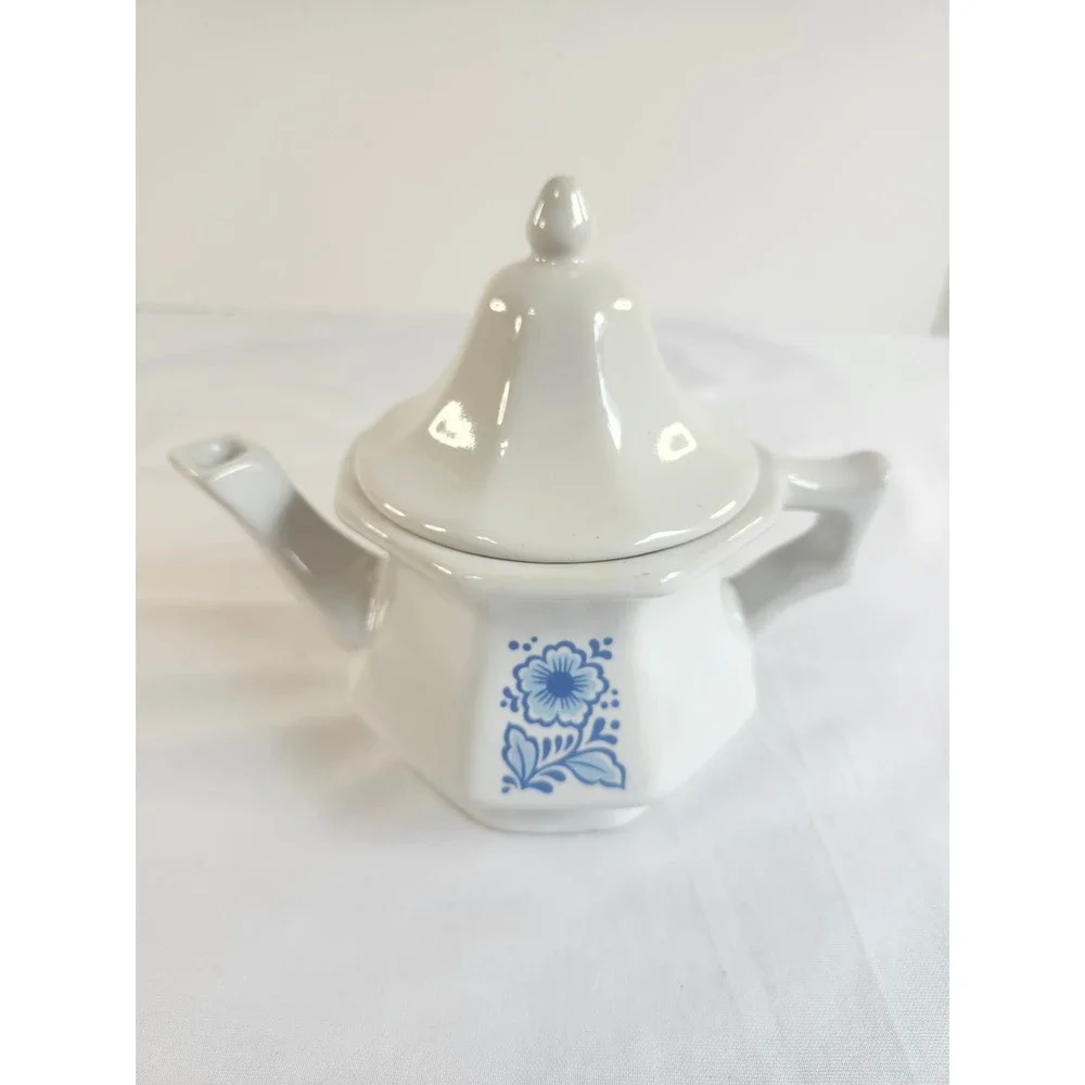 Vintage White Hexagonal Ceramic Teapot Blue Floral Small Individual Tea Pot Lid
